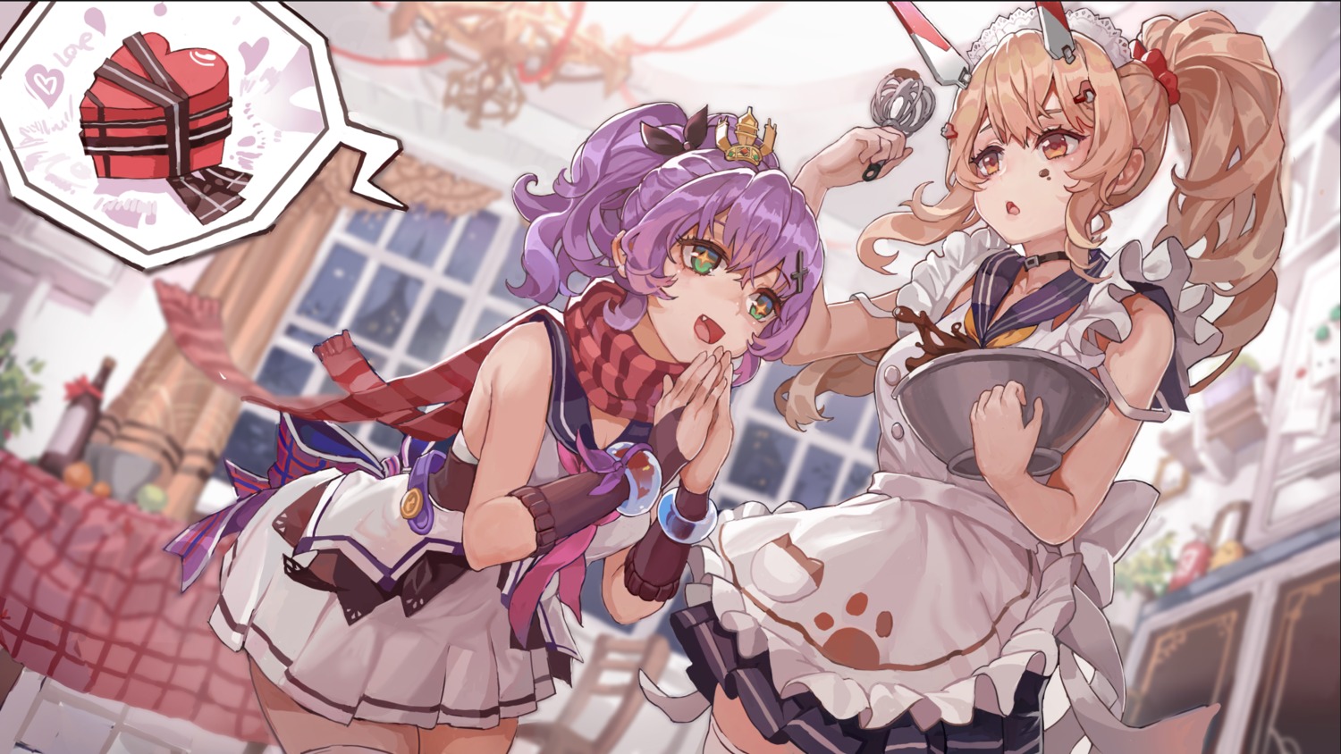 ayanami_(azur_lane), azur_lane, cream, javelin_(azur_lane), maid, sadoxi11, seifuku, thighhighs, valentine, wallpaper