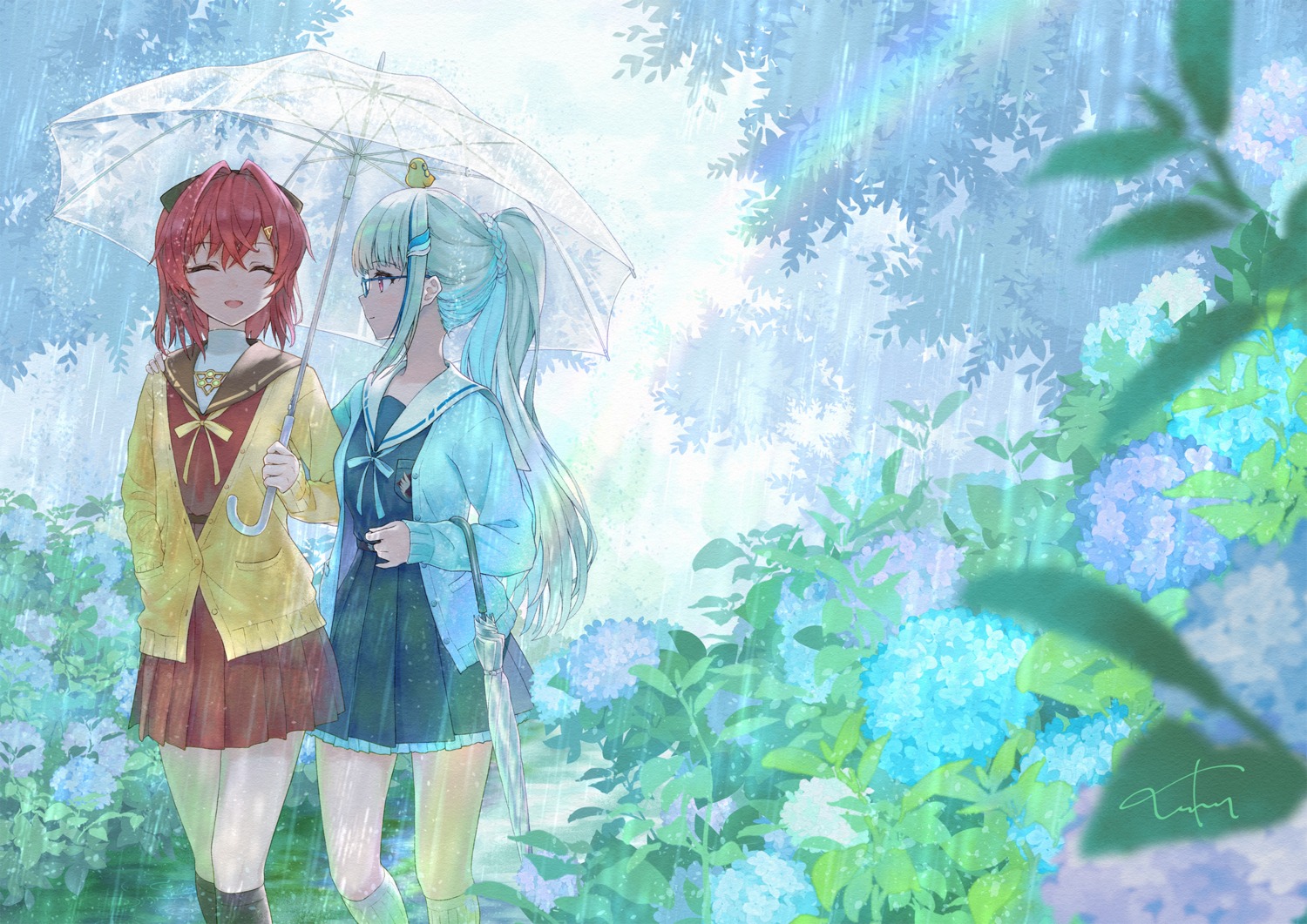 ange_katrina, lize_helesta, nijisanji, seifuku, sweater, touken, umbrella, yuri