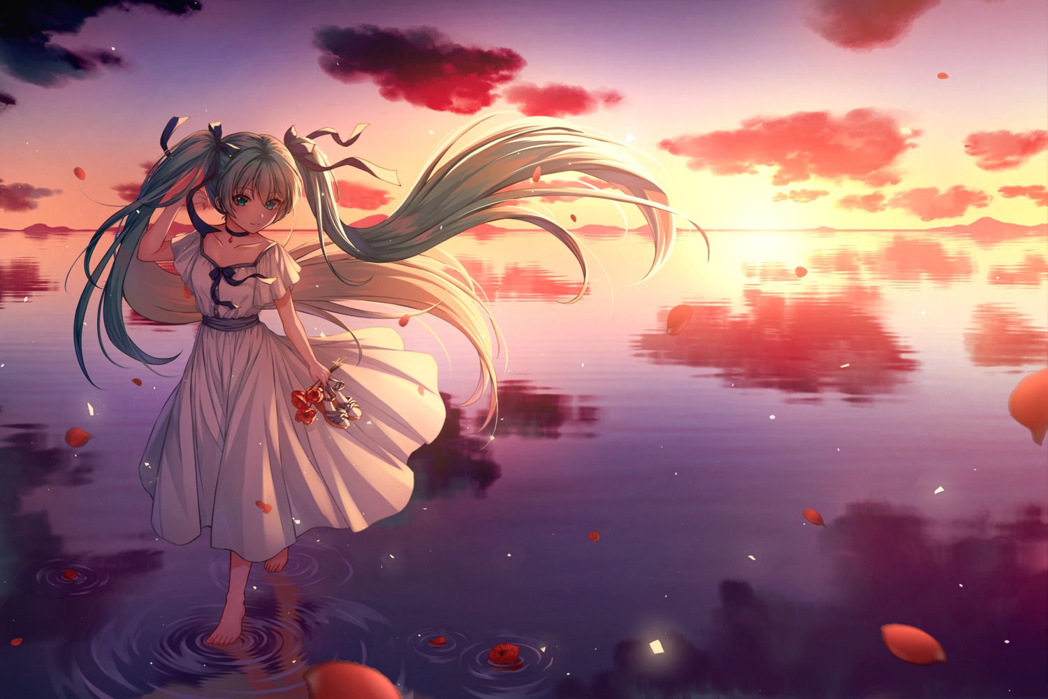 dress, hatsune_miku, iyar, skirt_lift, vocaloid, wet