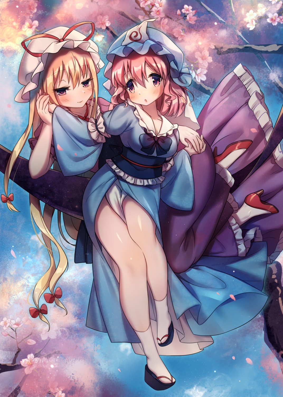 bzsk., cleavage, dress, heels, japanese_clothes, saigyouji_yuyuko, skirt_lift, thighhighs