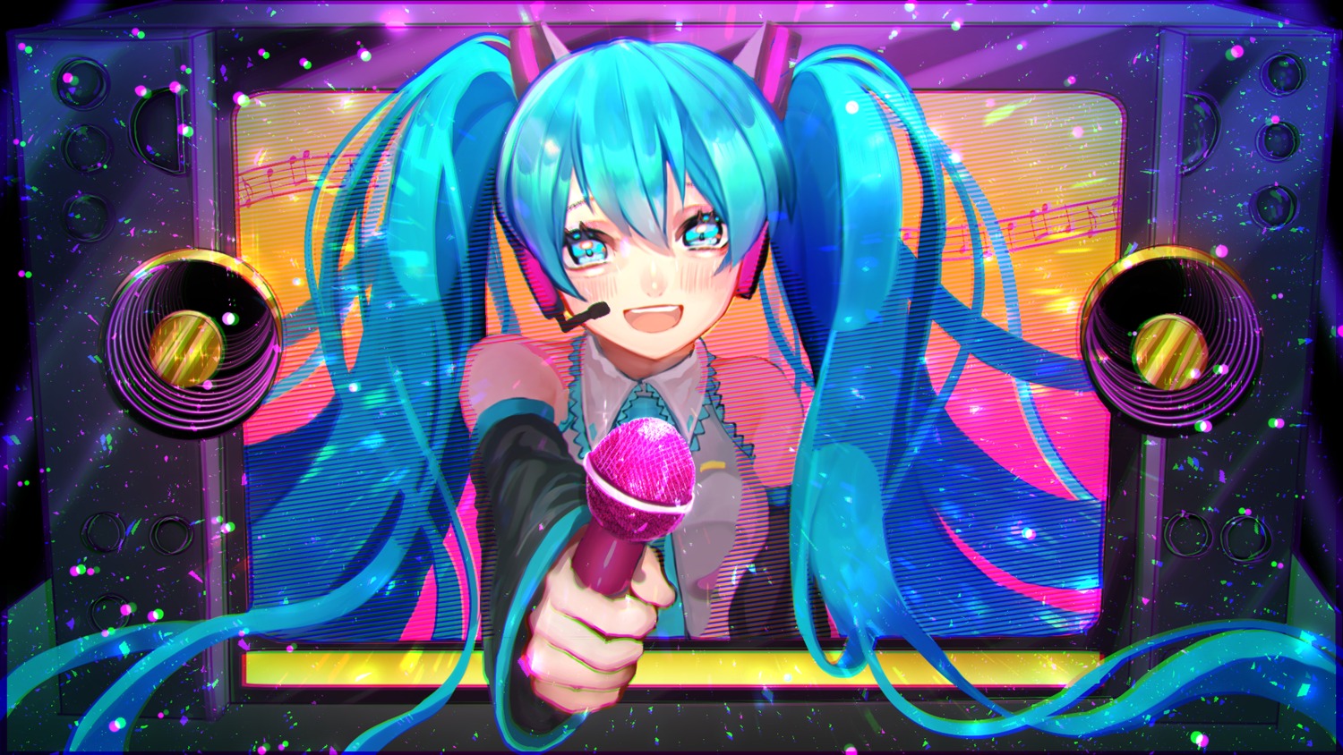 hatsune_miku, headphones, huu-cross, vocaloid, wallpaper
