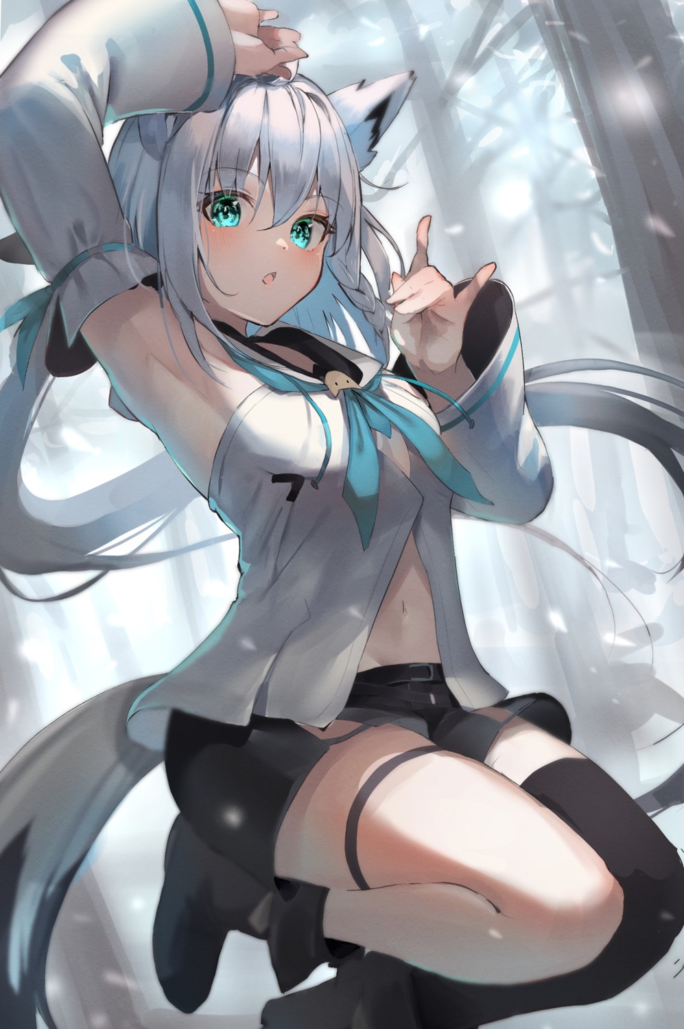 animal_ears, garter, hololive, hololive_gamers, kitsune, shirakami_fubuki, tail, thighhighs, tomose_toiro