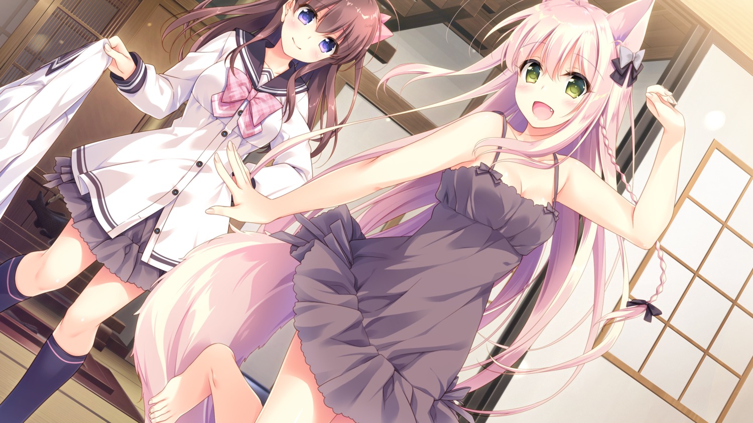 animal_ears, cleavage, dress, game_cg, kemono_musume_no_sodatekata, motomiya_mitsuki, no_bra, sakuraba_iroha