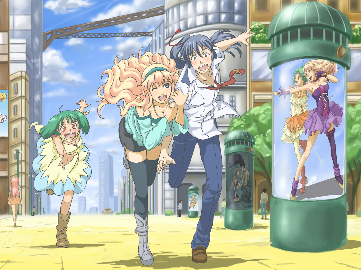 dress, hirasawa_meio, macross, macross_frontier, ranka_lee, saotome_alto, sheryl_nome, thighhighs
