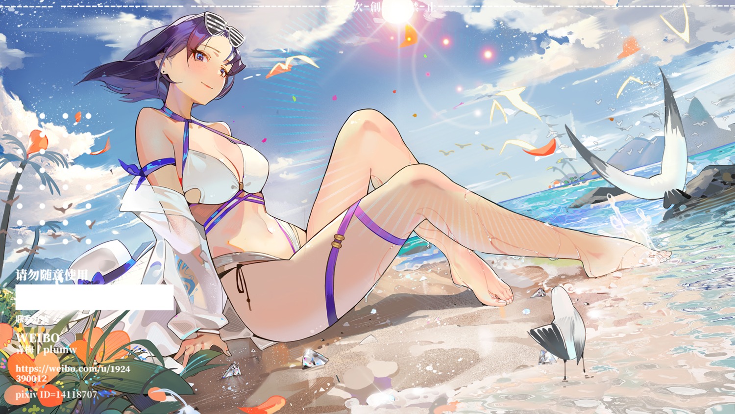 bikini, cleavage, garter, megane, open_shirt, plumw, see_through, swimsuits