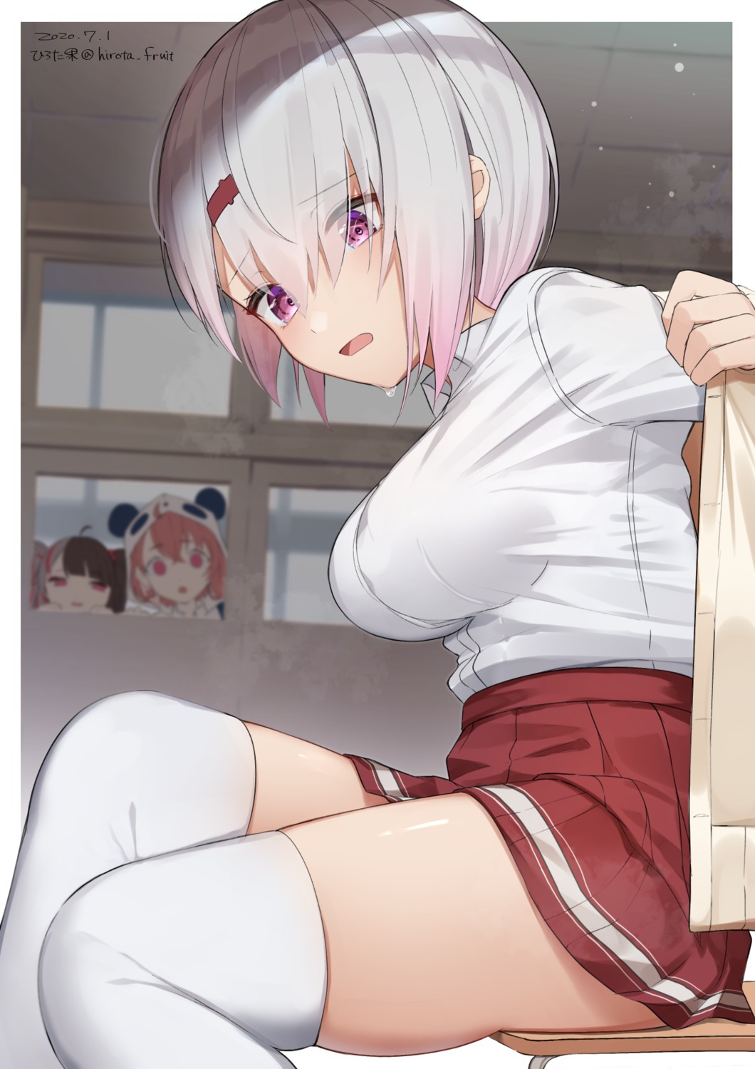 hirota_fruit, nijisanji, nijisanji_gamers, seifuku, sweater, thighhighs, undressing