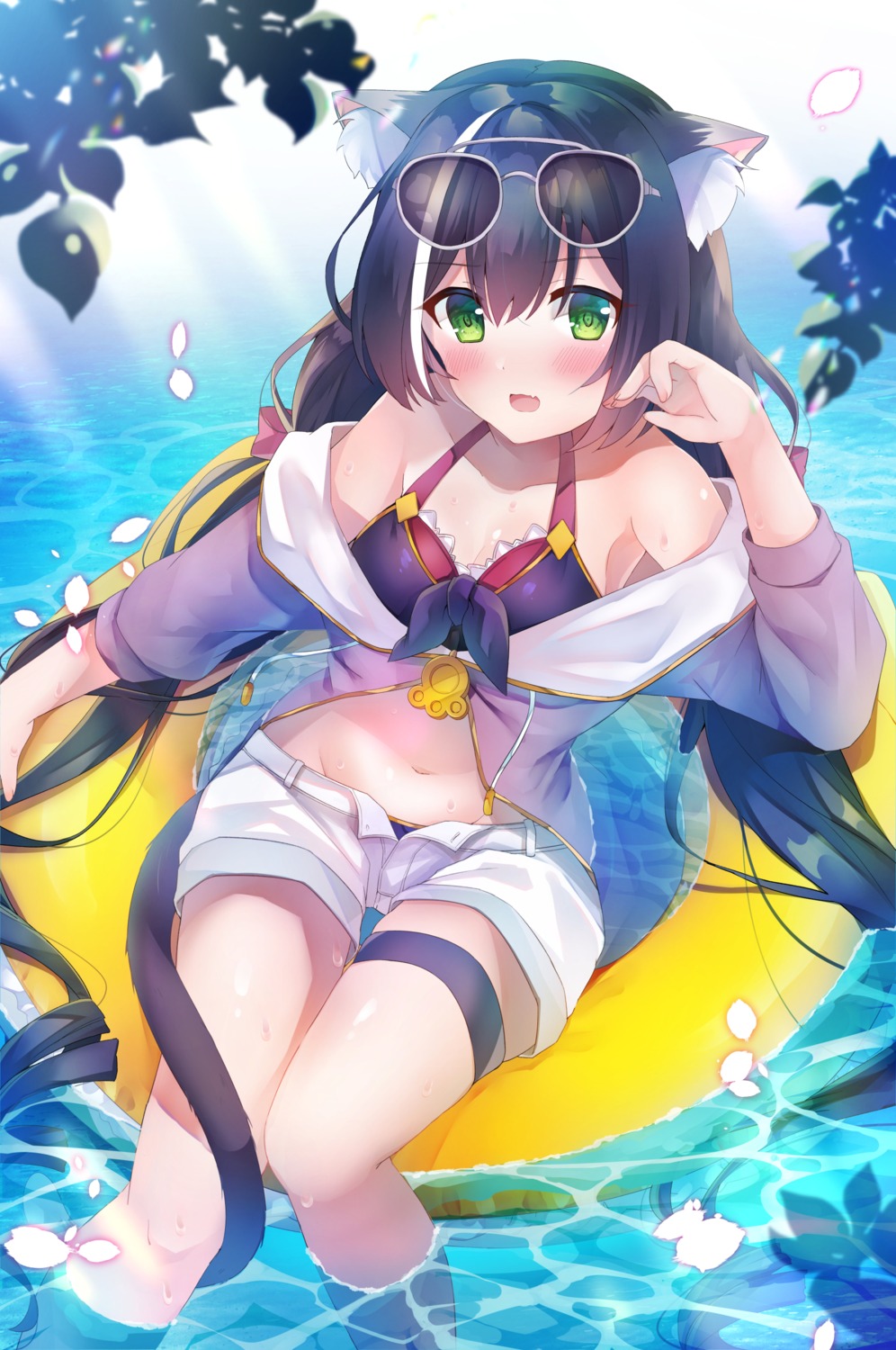 animal_ears, bikini, garter, karyl_(princess_connect), megane, nanahachi, nekomimi, open_shirt, princess_connect!, princess_connect!_re:dive, swimsuits, tail, wet
