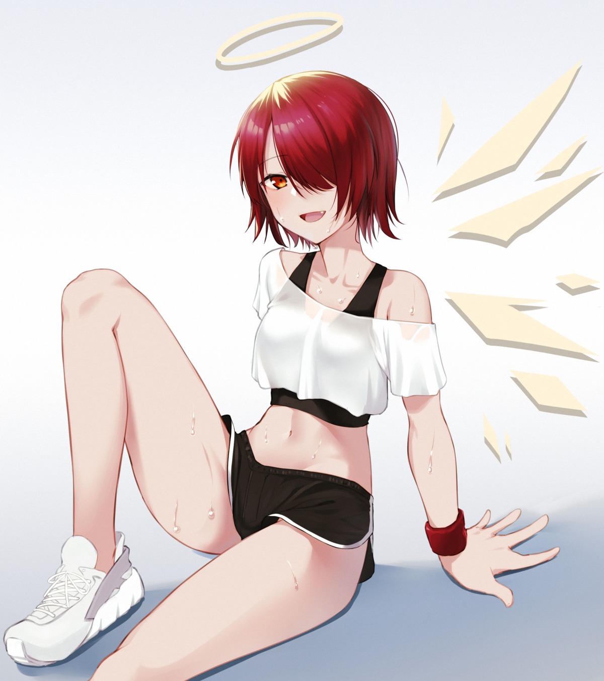 angel, arknights, bishi_(bishi), exusiai_(arknights), gym_uniform, see_through, wet, wings