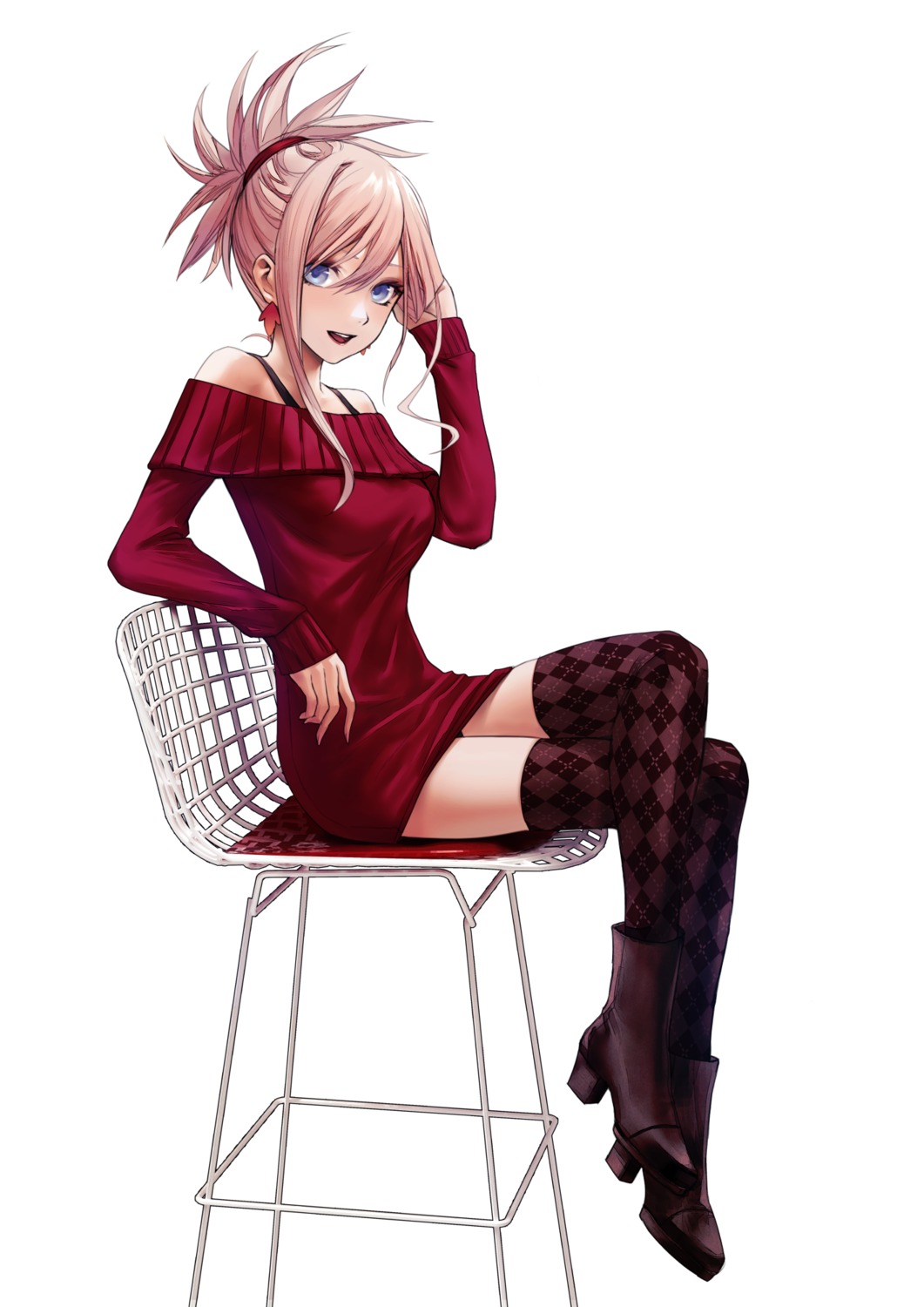 applekun, dress, fate/grand_order, heels, miyamoto_musashi_(fate), pantsu, sweater, thighhighs