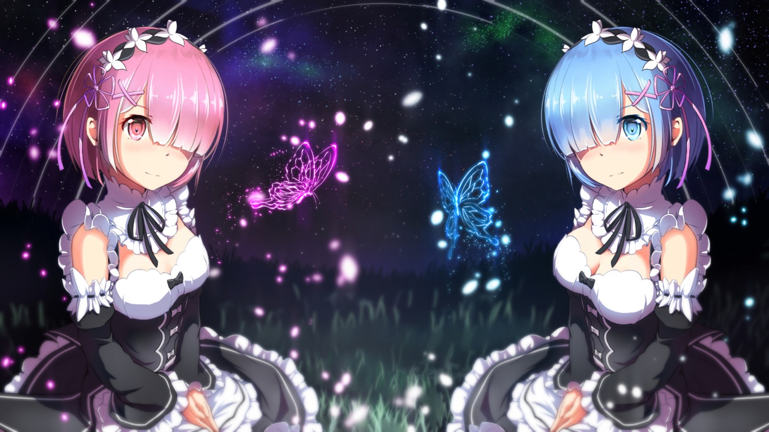 arms_ai, cleavage, maid, ram_(re_zero), re:zero_kara_hajimeru_isekai_seikatsu, rem_(re_zero), wallpaper