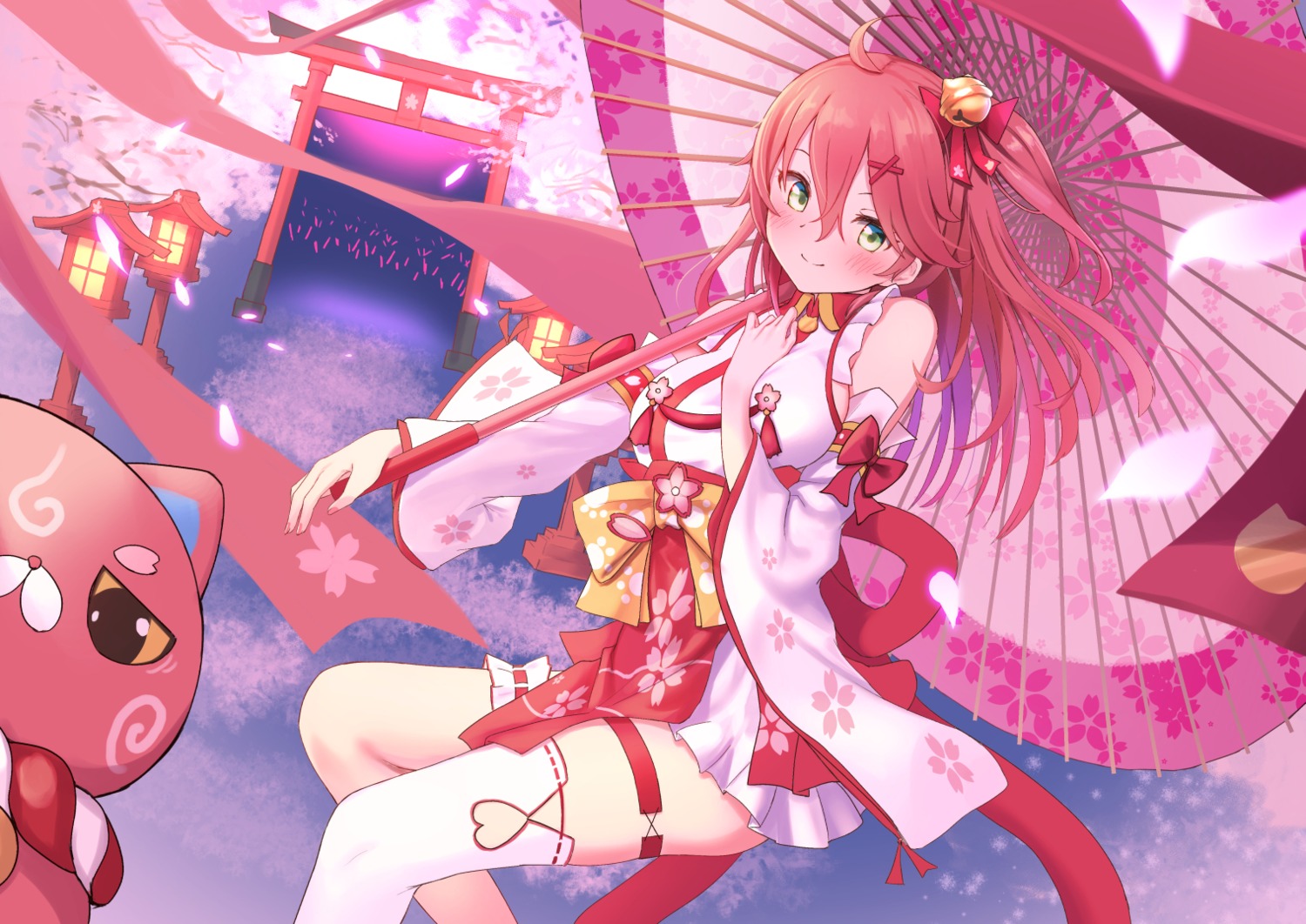 garter, hololive, japanese_clothes, roke_(taikodon), sakura_miko, thighhighs, umbrella