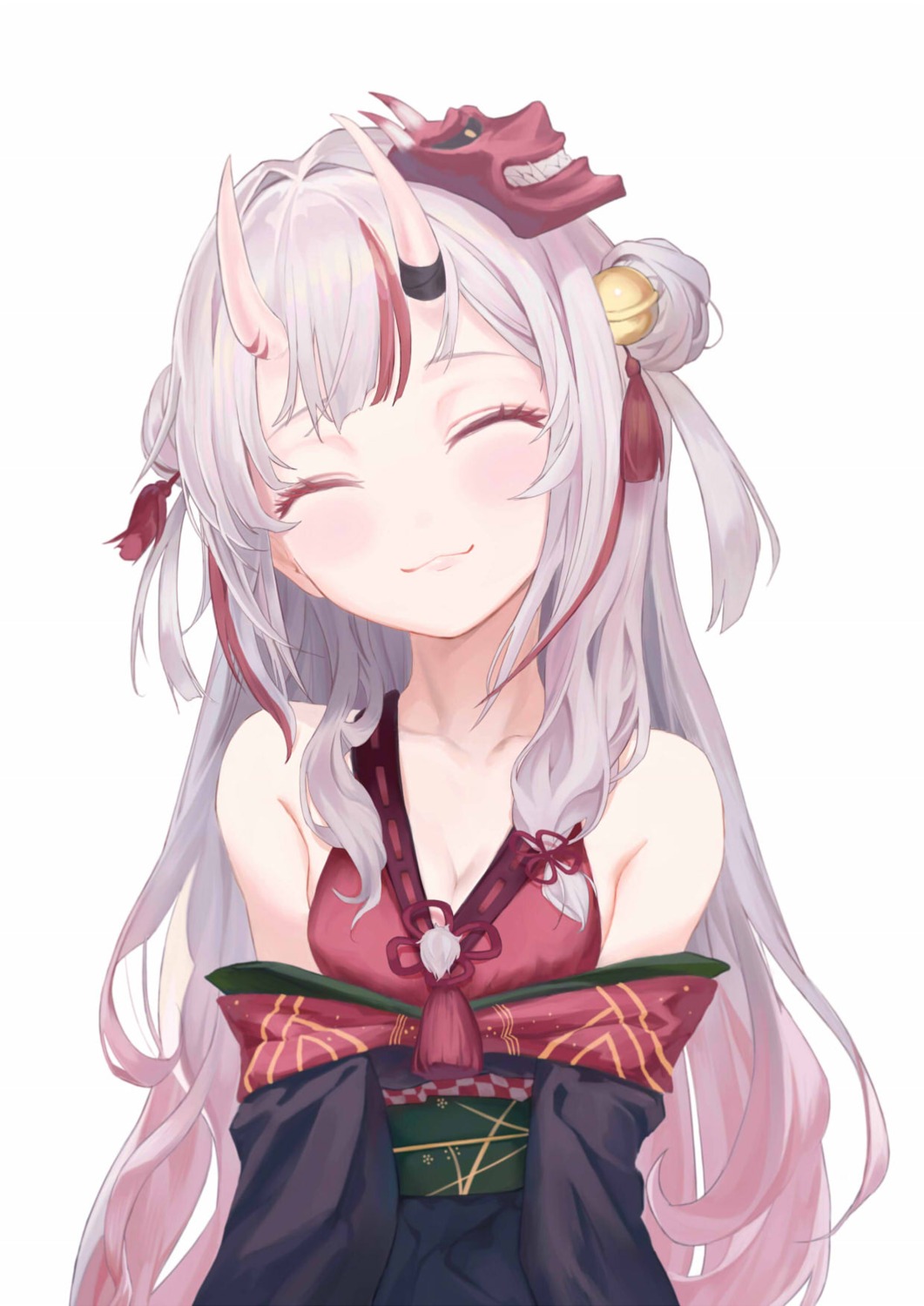 cleavage, hololive, horns, japanese_clothes, nakiri_ayame, shou_xun_bu_liang