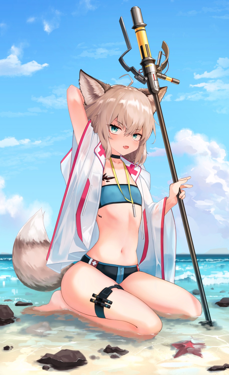 animal_ears, arknights, bikini, garter, open_shirt, see_through, sussurro_(arknights), swimsuits