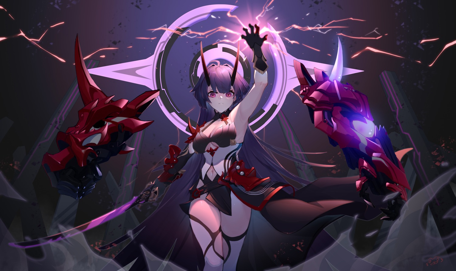 armor, benghuai_xueyuan, cleavage, honkai_impact, horns, japanese_clothes, raiden_mei, sword, thighhighs, wucanming