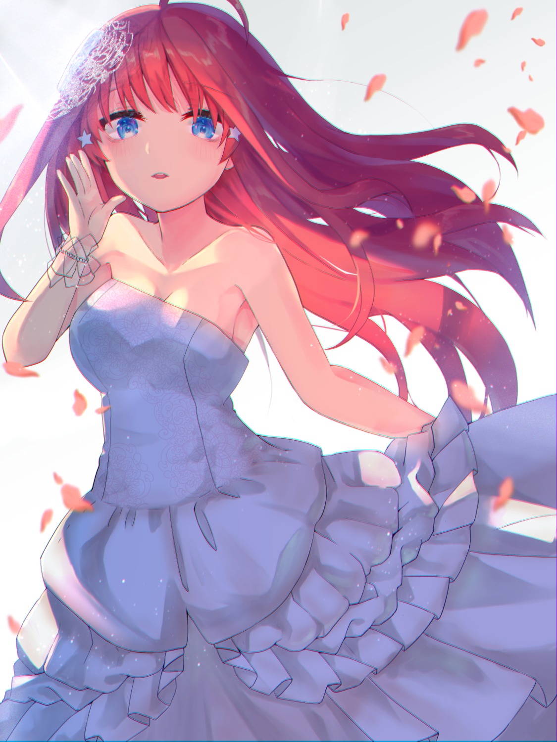 5-toubun_no_hanayome, cleavage, dress, nakano_itsuki, no_bra, skirt_lift, slime07, wedding_dress