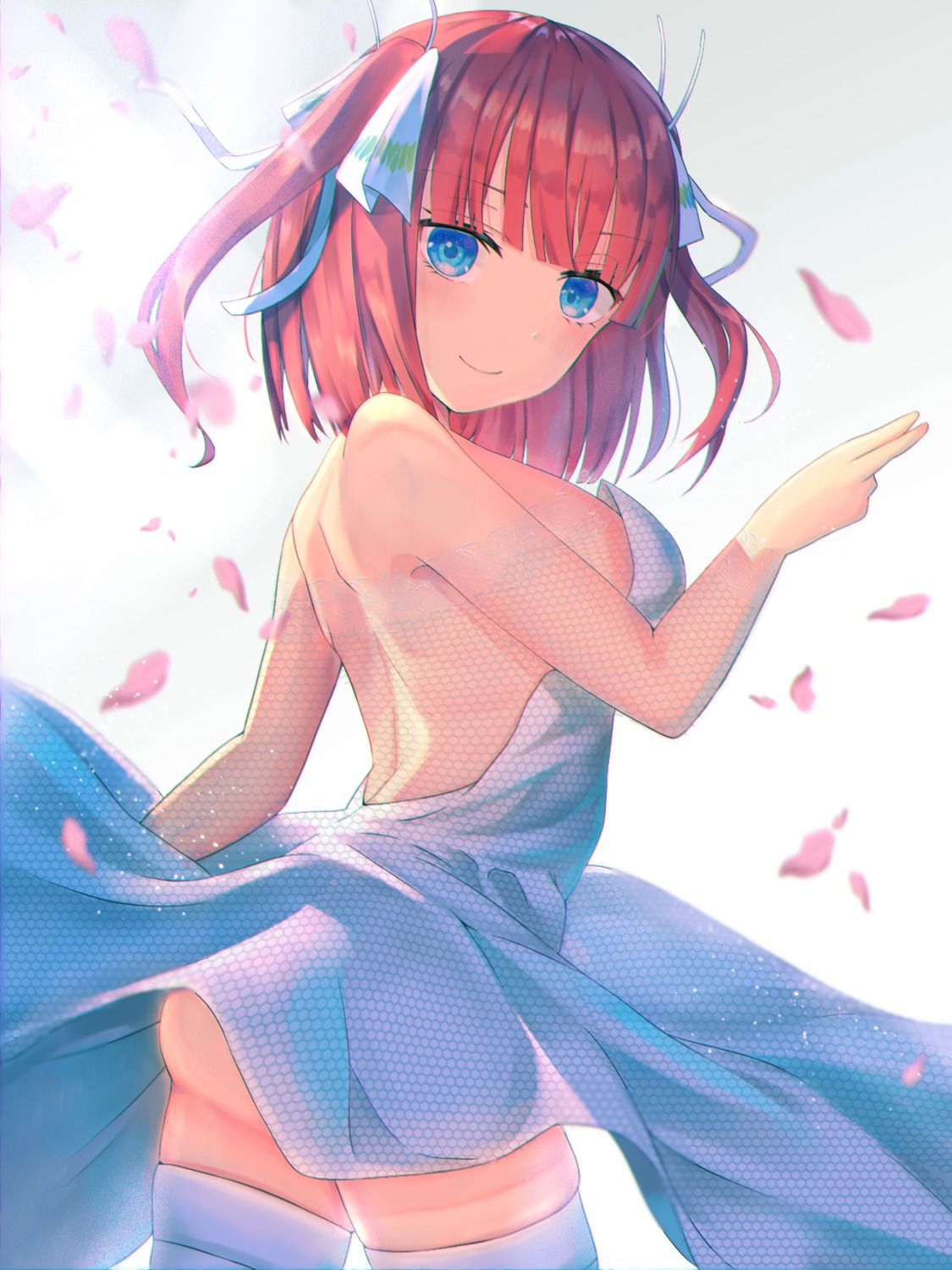 5-toubun_no_hanayome, ass, dress, nakano_nino, no_bra, skirt_lift, slime07, thighhighs, wedding_dress