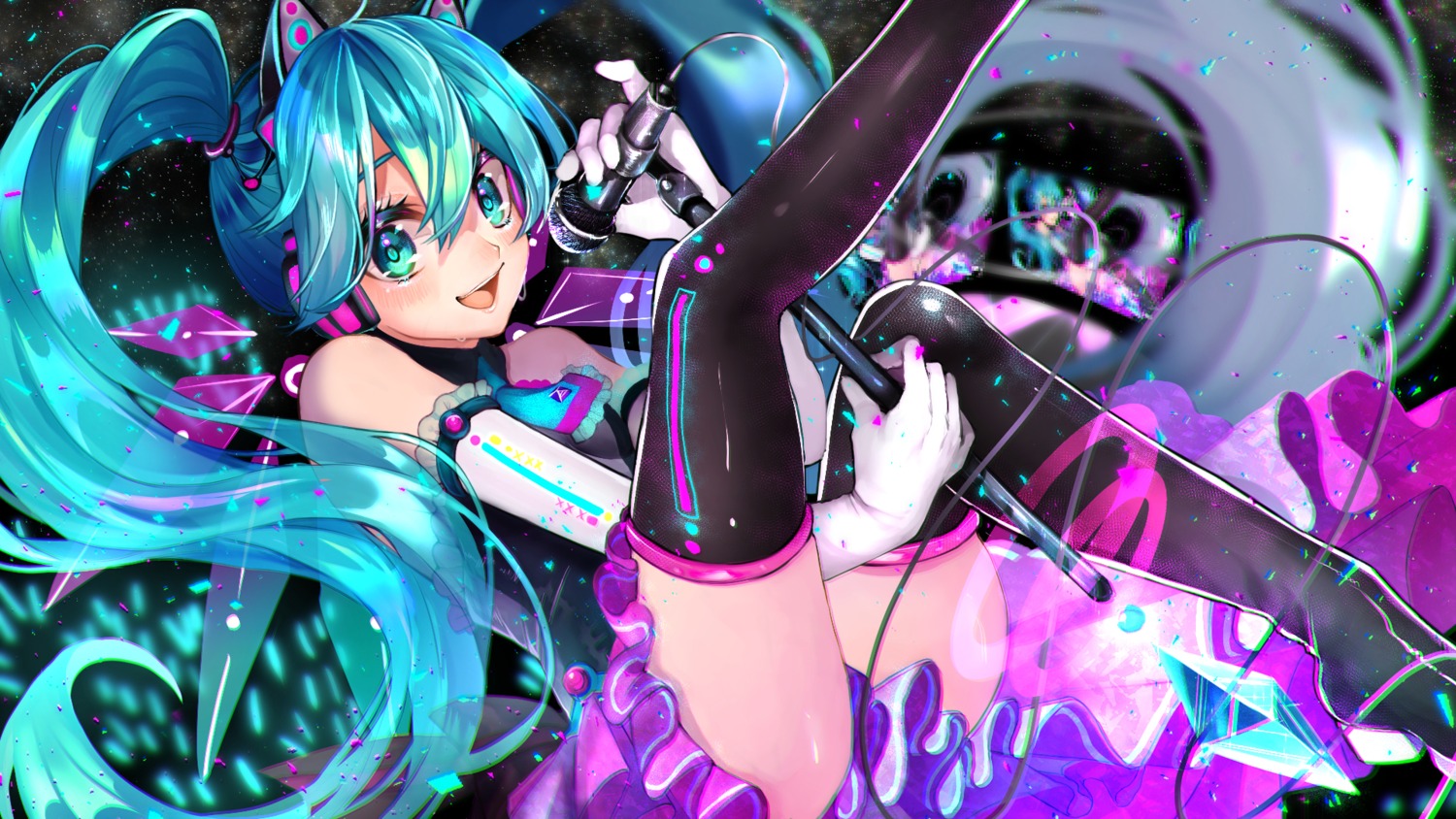 animal_ears, hatsune_miku, headphones, heels, huu-cross, nekomimi, skirt_lift, thighhighs, vocaloid, wallpaper