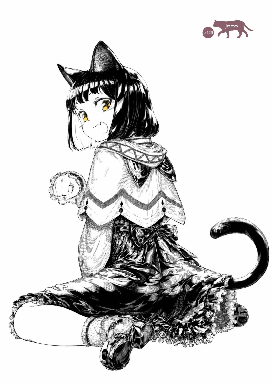 animal_ears, dress, jaco, monochrome, nekomimi, skirt_lift, tail
