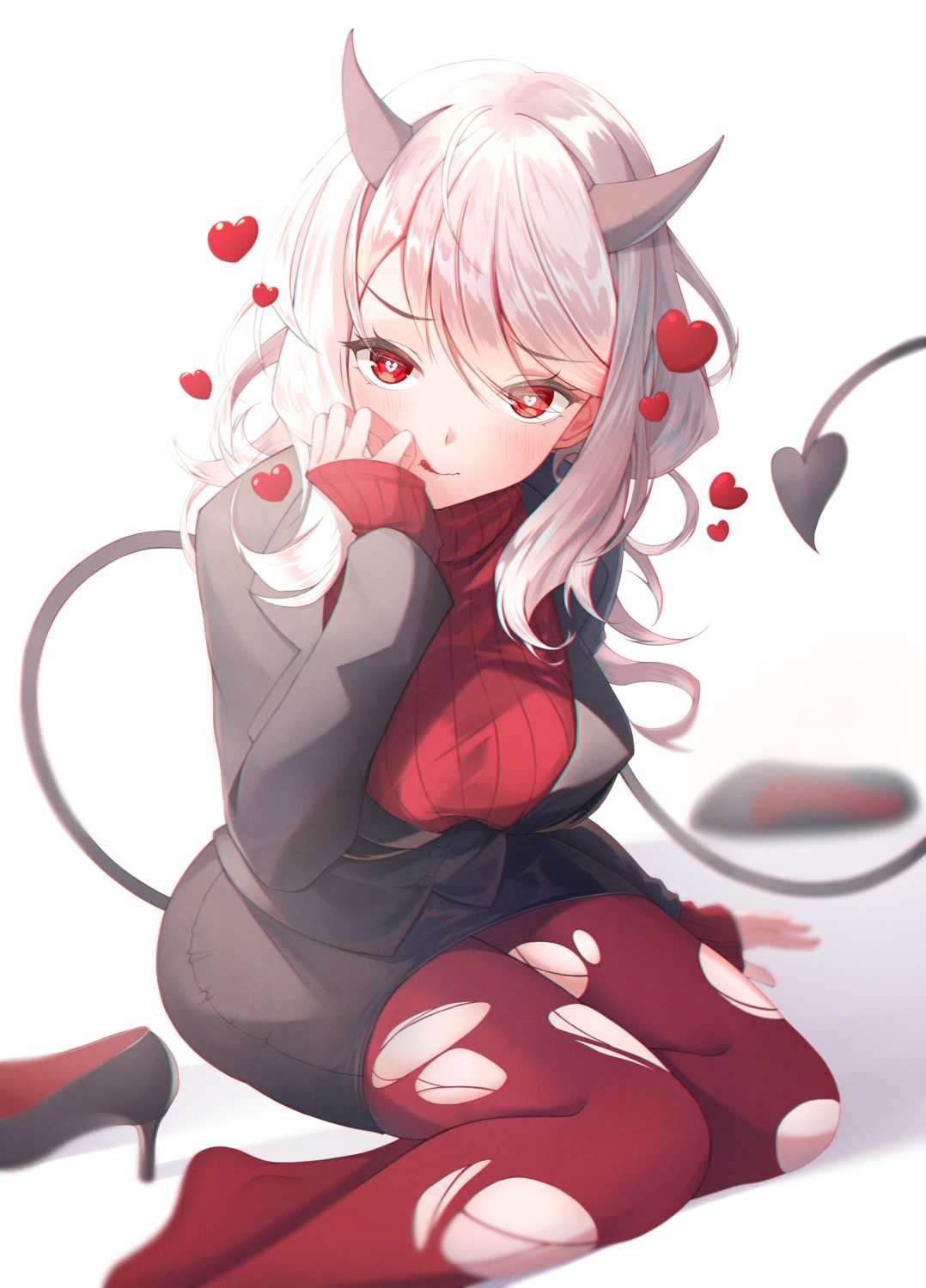 business_suit, heels, helltaker, horns, infinity_(kkx132), modeus_(helltaker), pantyhose, sweater