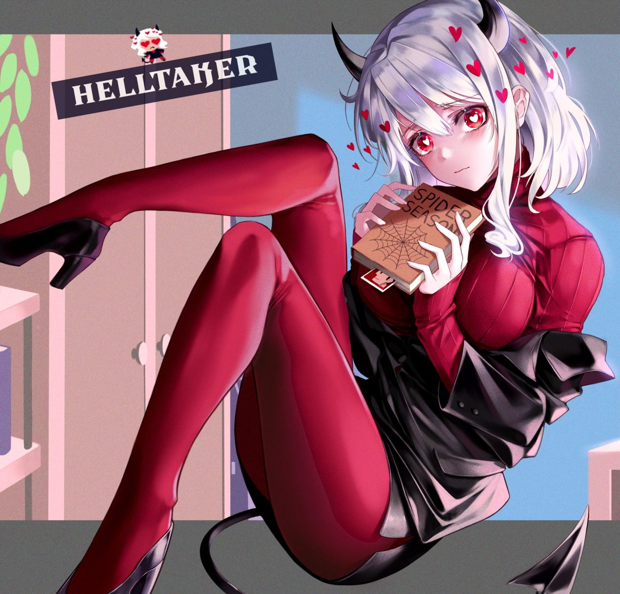 business_suit, heels, helltaker, horns, huyou_(awegk), modeus_(helltaker), pantyhose, skirt_lift, sweater, tail
