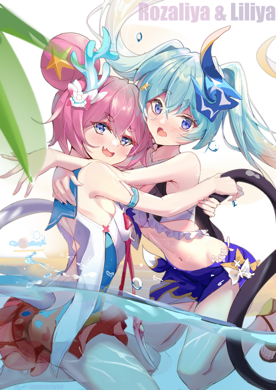 ass, benghuai_xueyuan, bikini_top, honkai_impact, horns, liliya_olenyeva, rozaliya_olenyeva, swimsuits