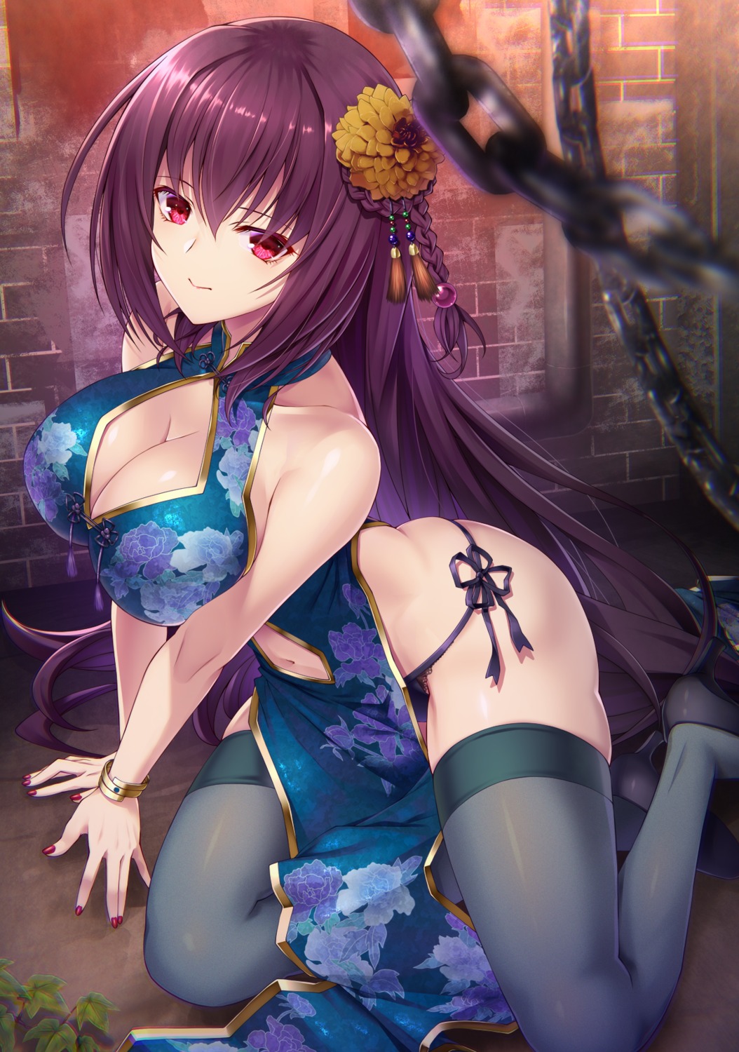 chinadress, cleavage, emanon_123, fate/grand_order, pantsu, scathach_(fate), skirt_lift, string_panties