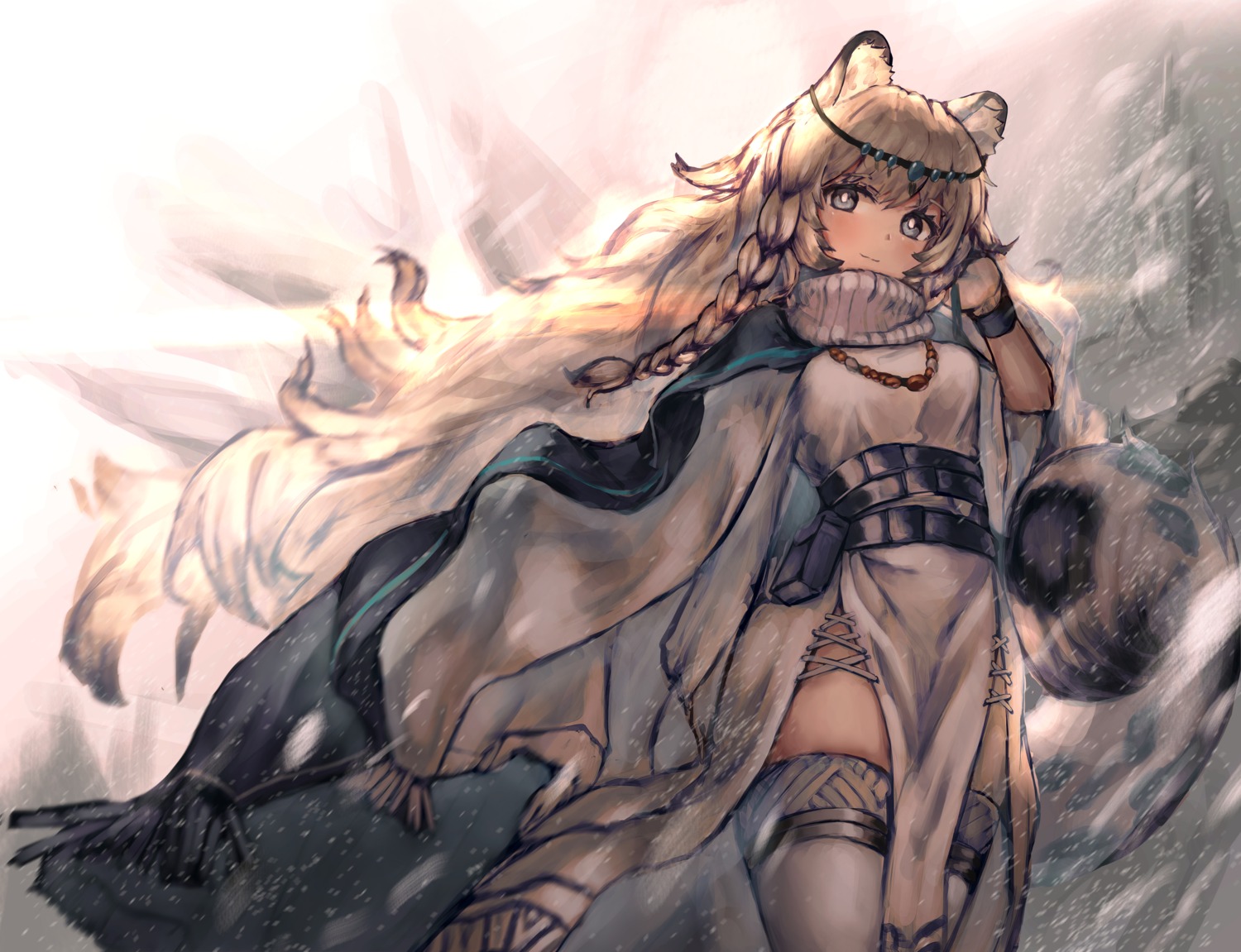 animal_ears, arknights, dress, pramanix_(arknights), tail, thighhighs, yuji