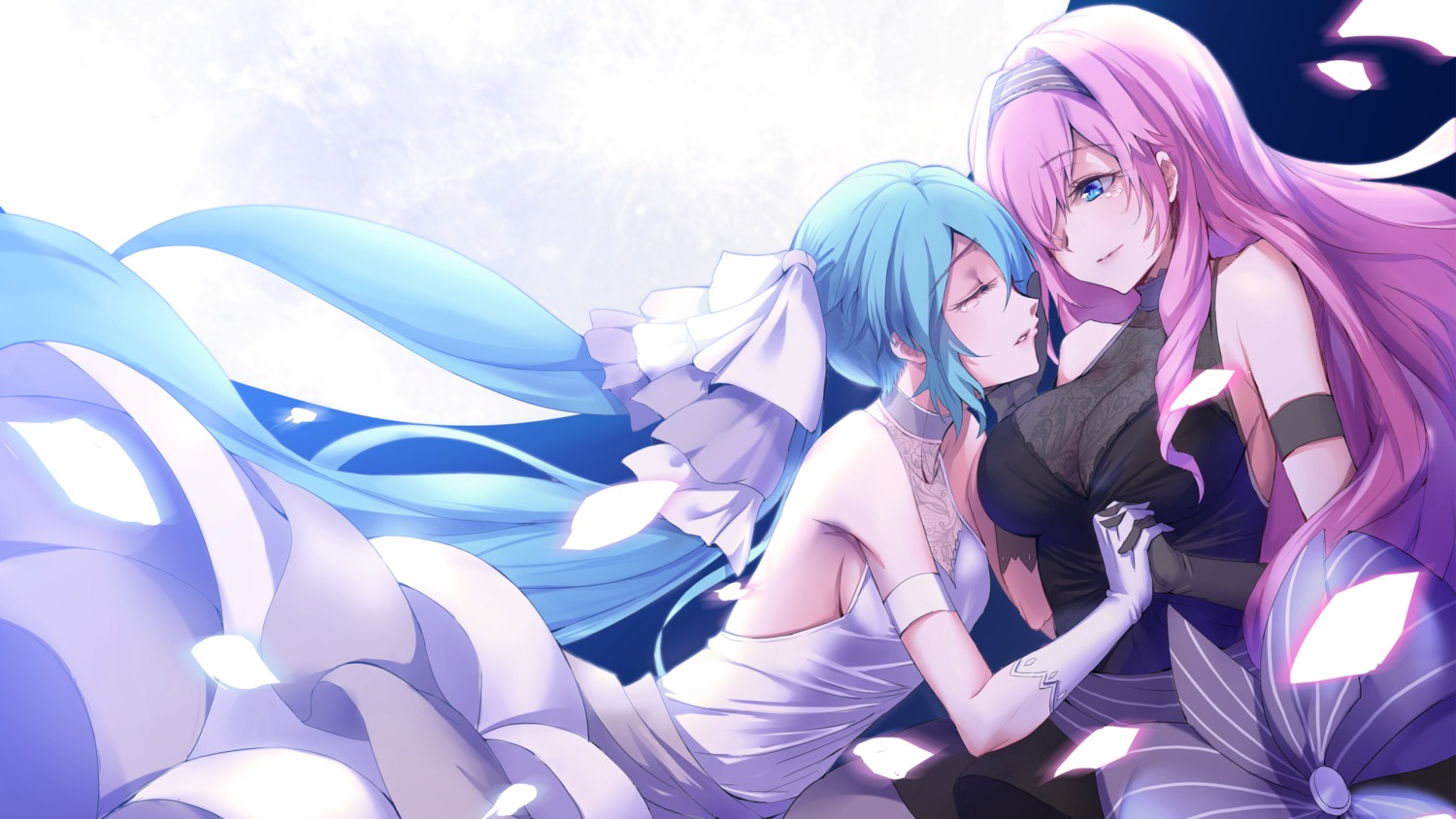 dress, hatsune_miku, megurine_luka, mikoto_(mio), see_through, skirt_lift, vocaloid, wallpaper, yuri