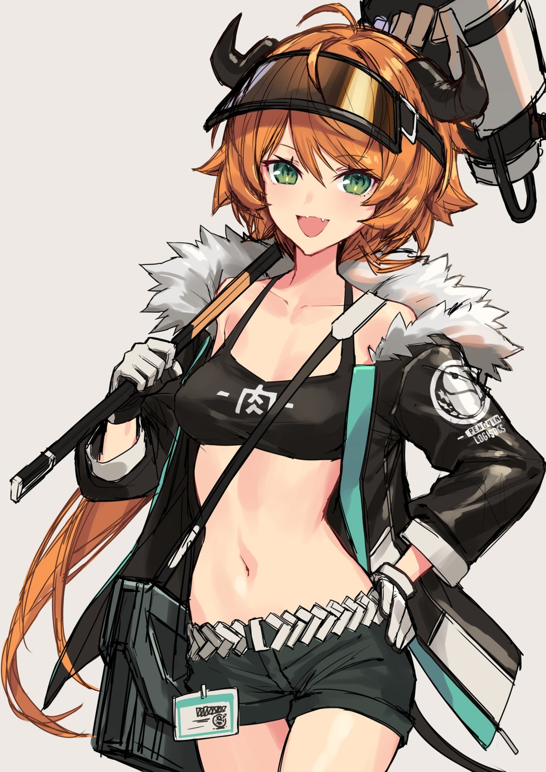 arknights, bra, cleavage, croissant_(arknights), horns, open_shirt, sigma99, weapon