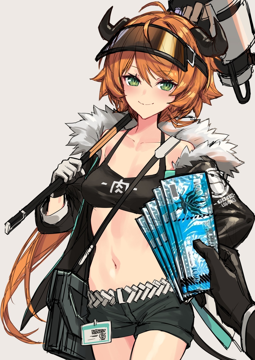 arknights, bra, cleavage, croissant_(arknights), horns, open_shirt, sigma99, weapon