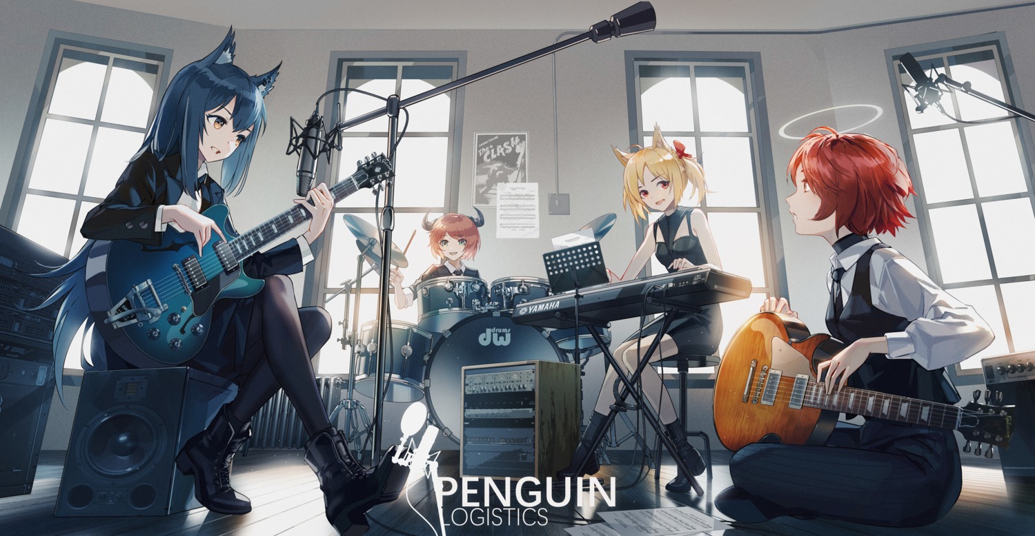 86_(nononononoway), animal_ears, arknights, business_suit, croissant_(arknights), dress, exusiai_(arknights), guitar