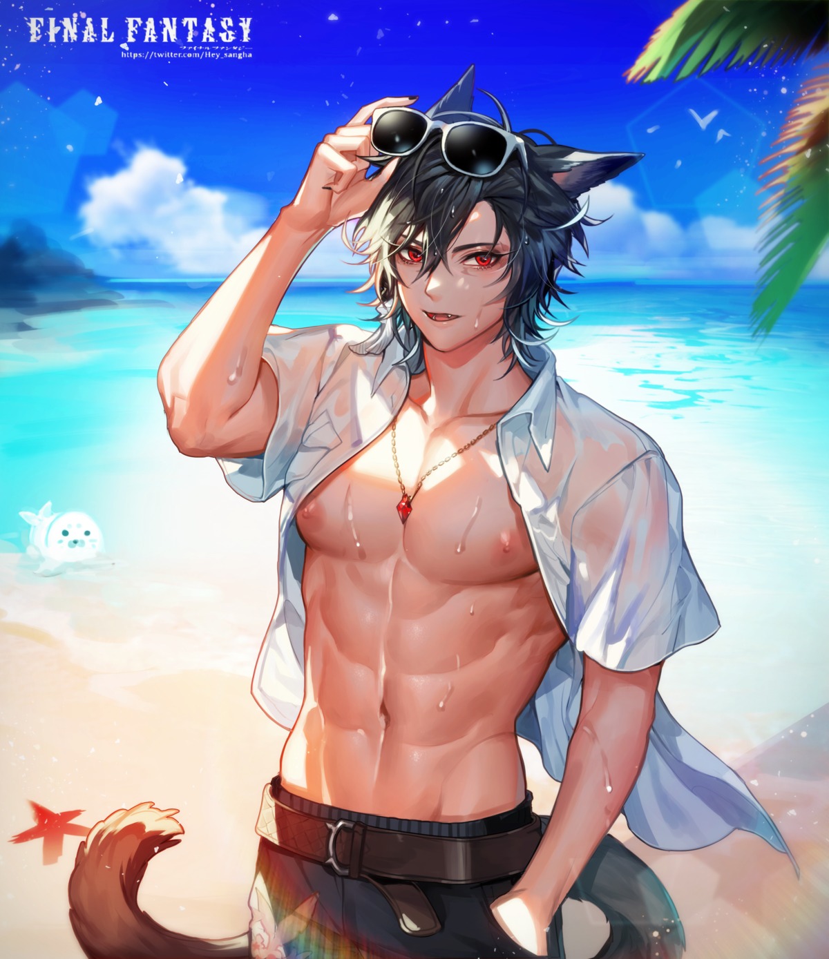 animal_ears, final_fantasy, hajun, male, miqo'te, open_shirt, tail, wet