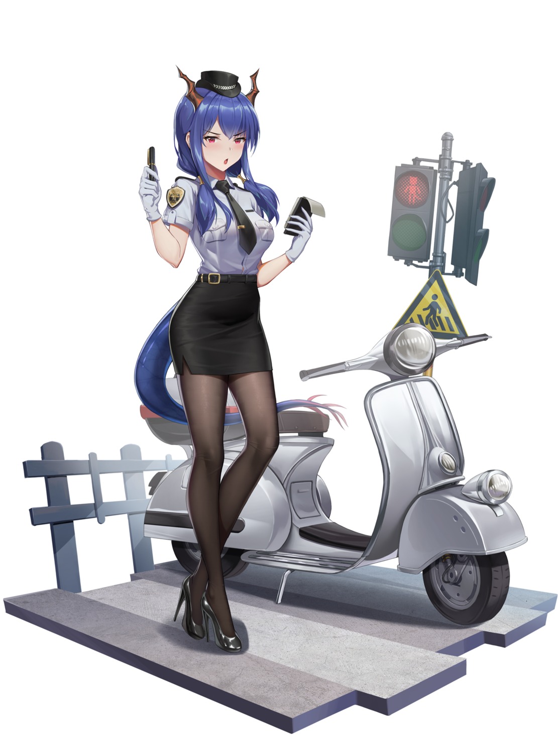 arknights, ch'en_(arknights), heels, horns, kurosara, pantyhose, police_uniform, tail, uniform