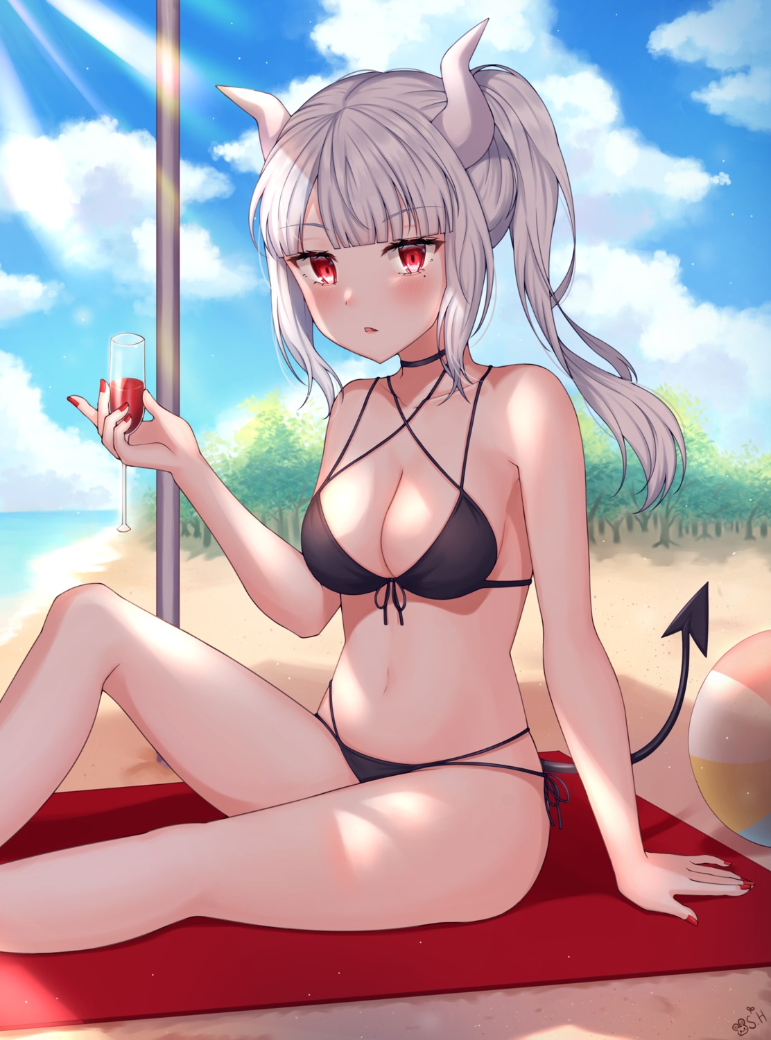 bikini, helltaker, horns, lucifer_(helltaker), sarin_(seoling), swimsuits, tail