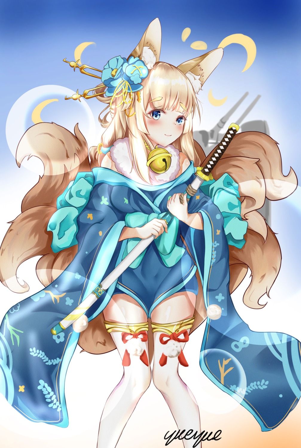 animal_ears, azur_lane, japanese_clothes, kulayueyue, niizuki_(azur_lane), sword, tail, thighhighs