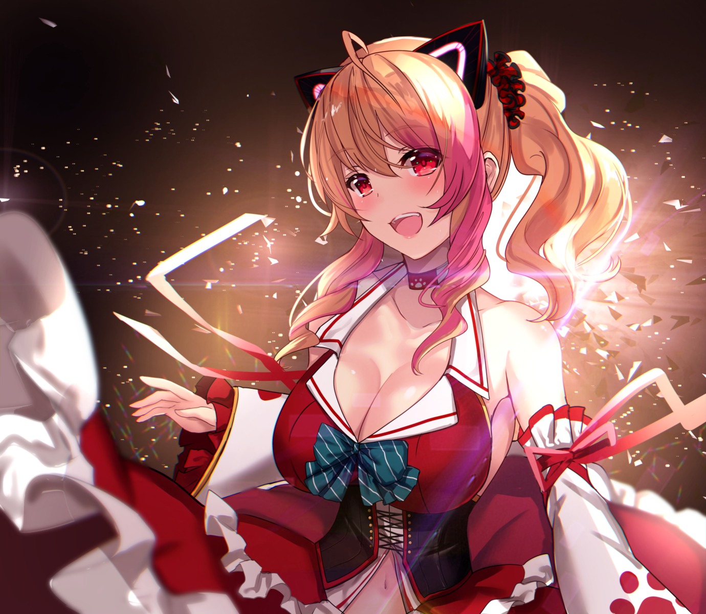 animal_ears, cleavage, dress, hololive, nekomimi, nekonoki_mochi, skirt_lift, untsue
