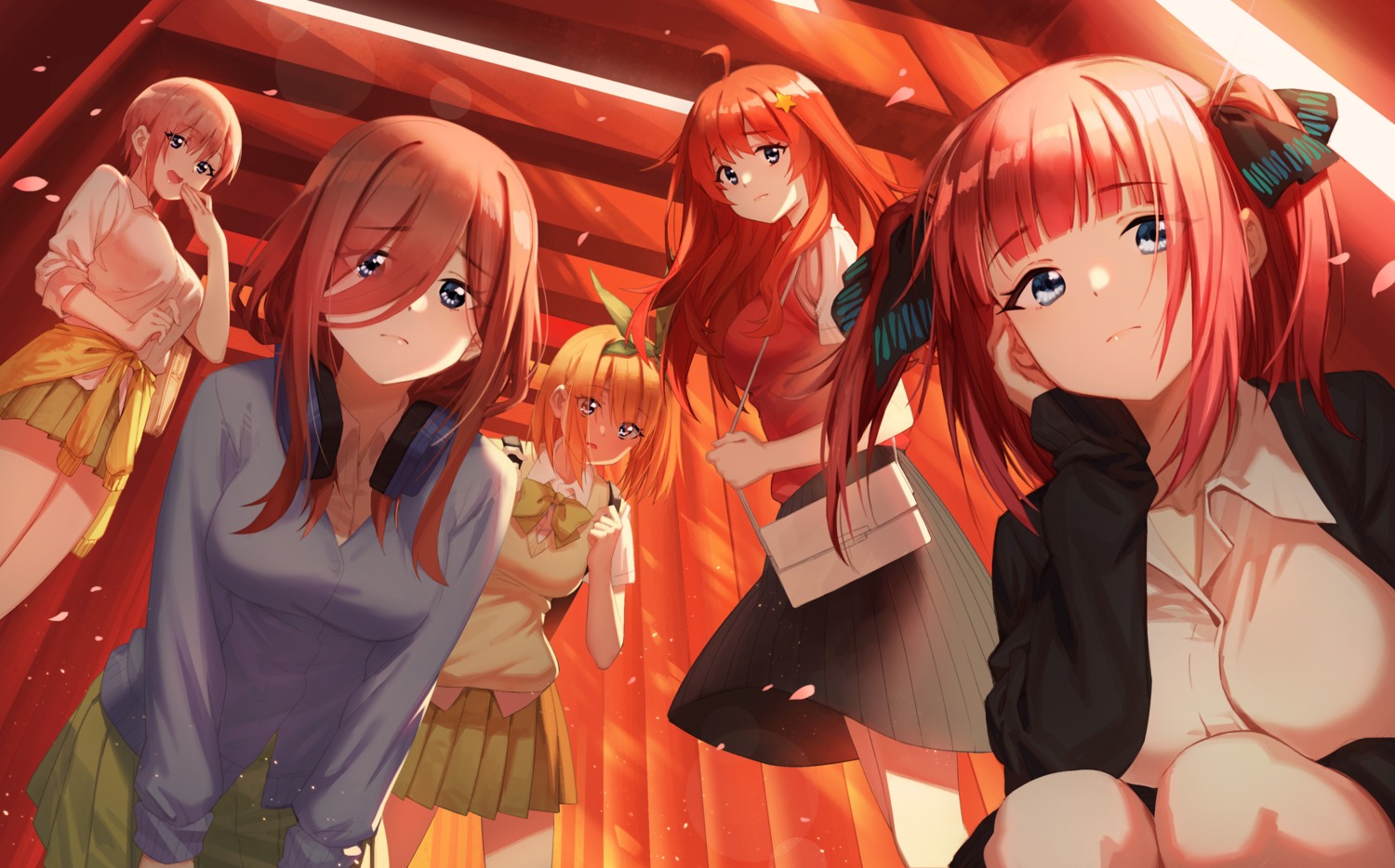 5-toubun_no_hanayome, headphones, nakano_ichika, nakano_itsuki, nakano_miku, nakano_nino, nakano_yotsuba, seifuku