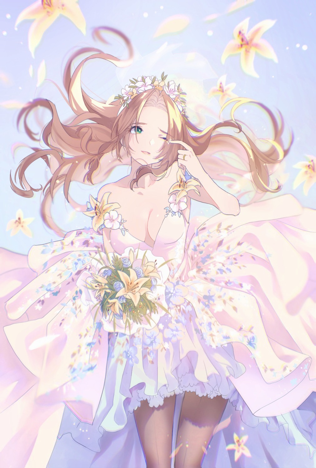aerith_gainsborough, cleavage, dress, final_fantasy, final_fantasy_vii, goku-chan, no_bra, pantyhose, skirt_lift, wedding_dress