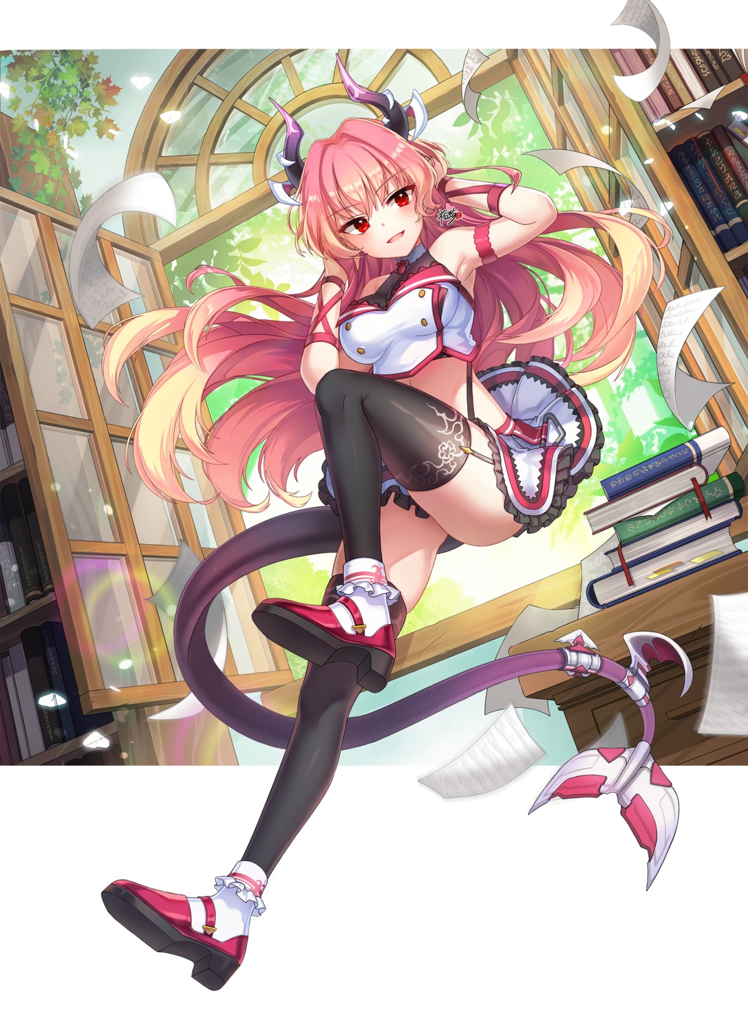 heels, horns, kyjsogom, skirt_lift, stockings, tail, thighhighs