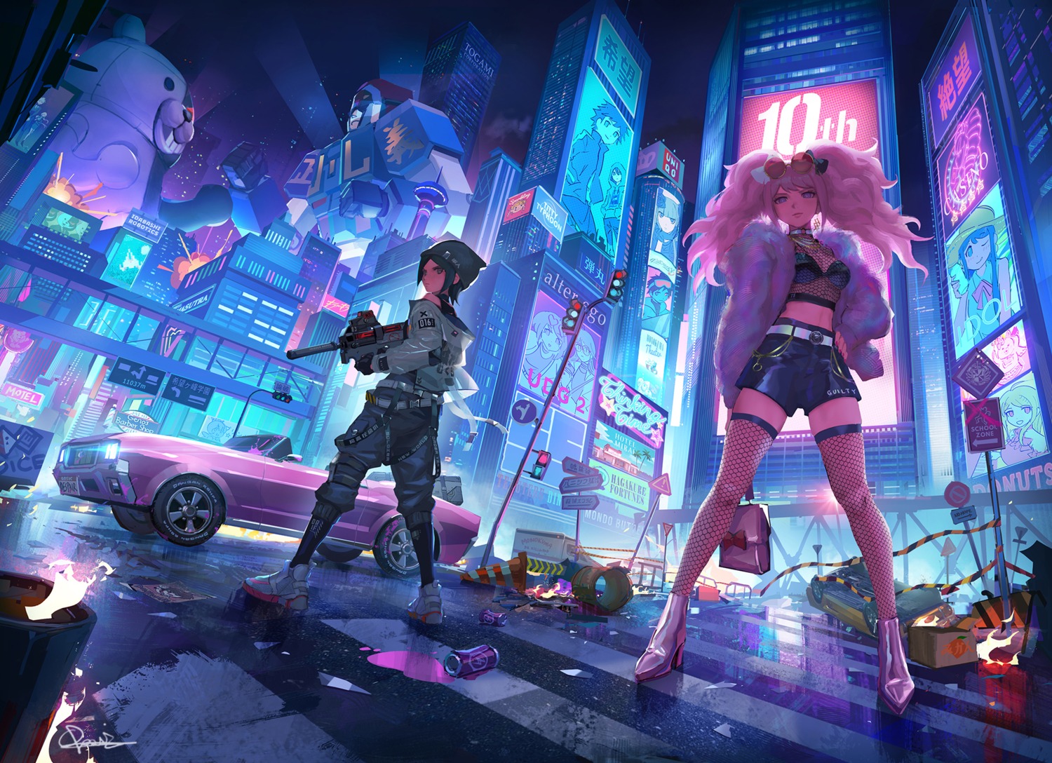 bra, dangan-ronpa, dangan-ronpa_2, enoshima_junko, fishnets, gun, heels, ikusaba_mukuro