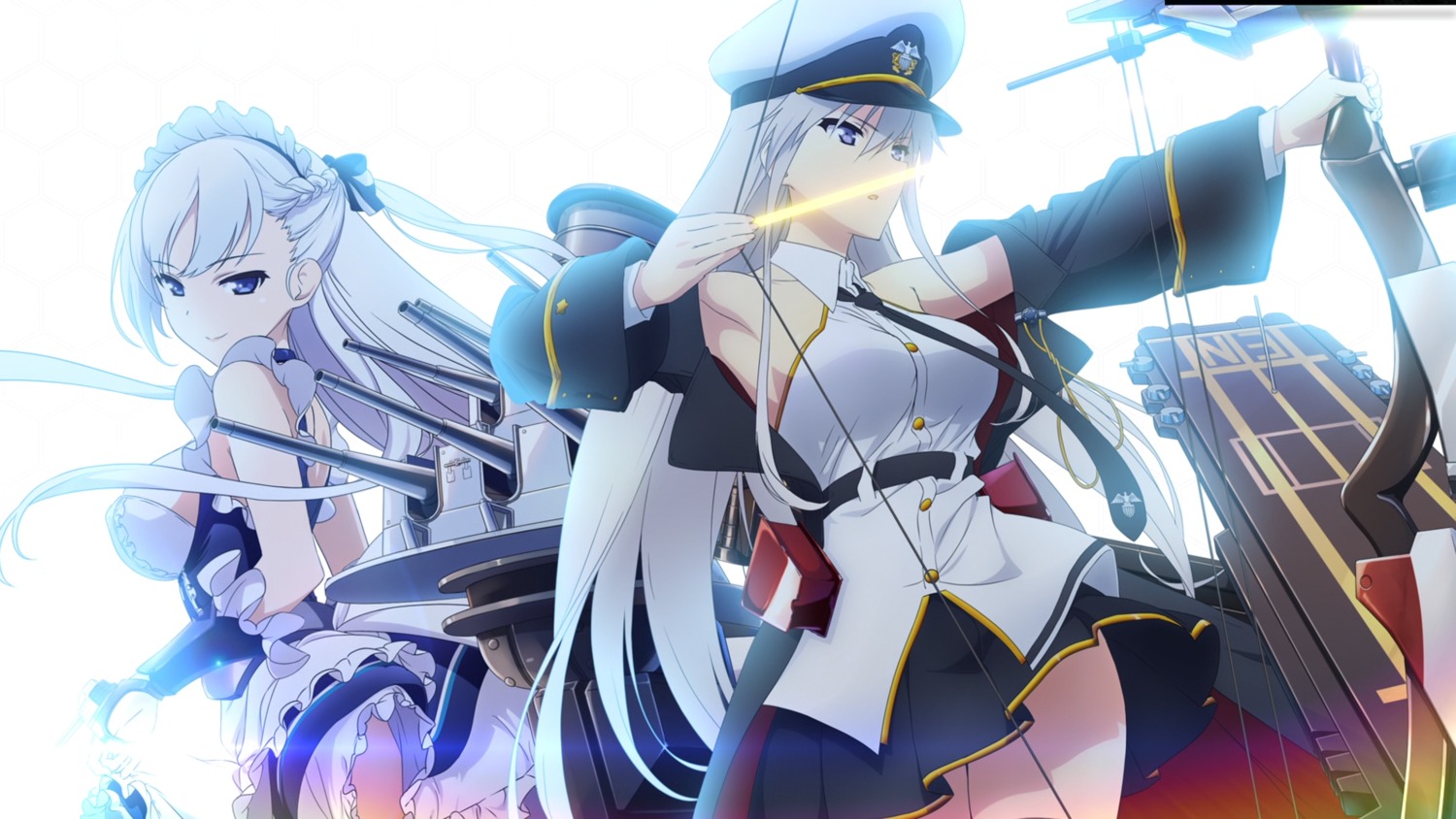 azur_lane, belfast_(azur_lane), cap, enterprise_(azur_lane), maid, skirt_lift, uniform, weapon