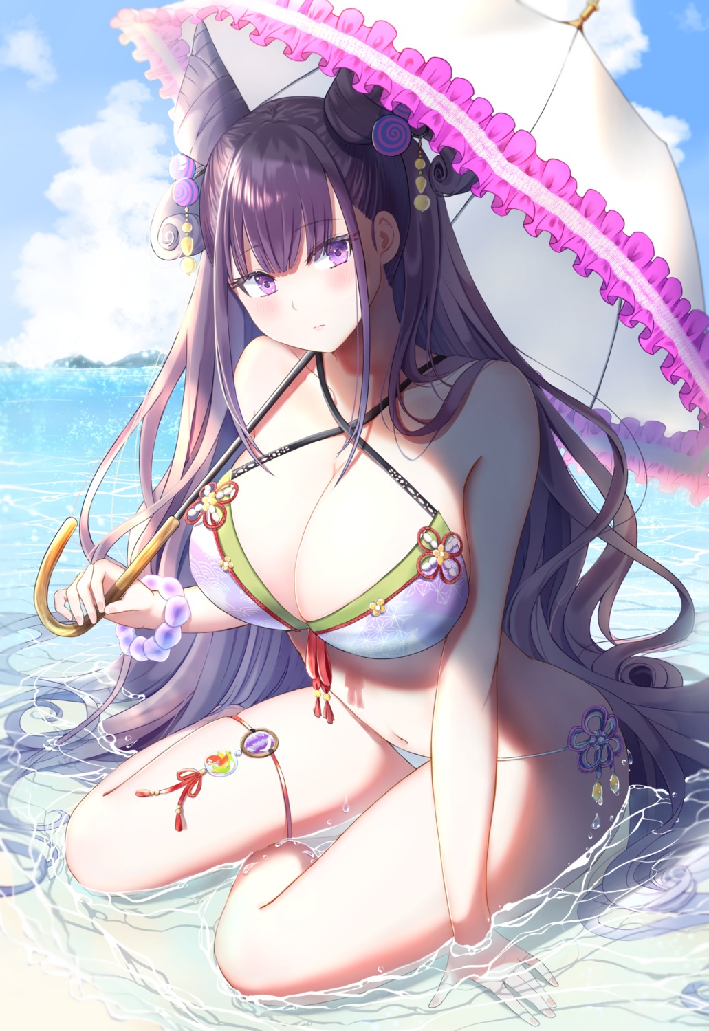 bikini, fate/grand_order, garter, murasaki_shikibu_(fate), swimsuits, tobi_(pixiv41237754), umbrella, wet