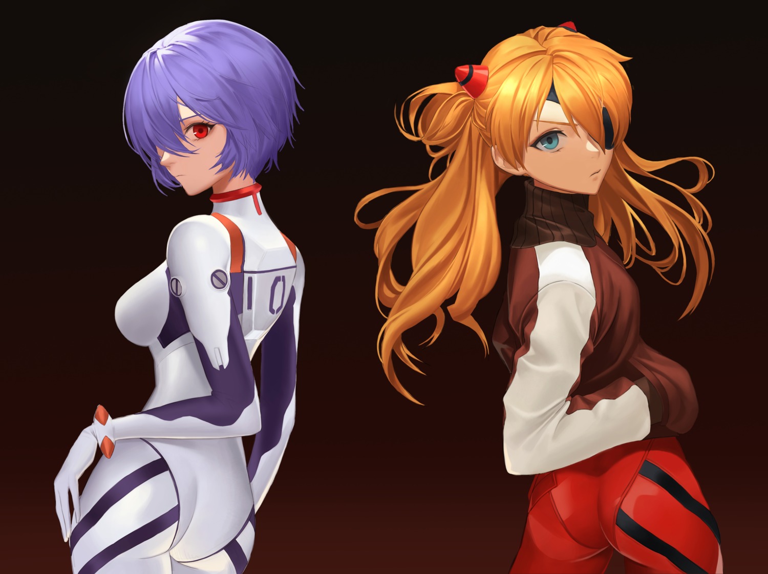 ass, ayanami_rei, bodysuit, eyepatch, moon_(yfsp7823), neon_genesis_evangelion, souryuu_asuka_langley