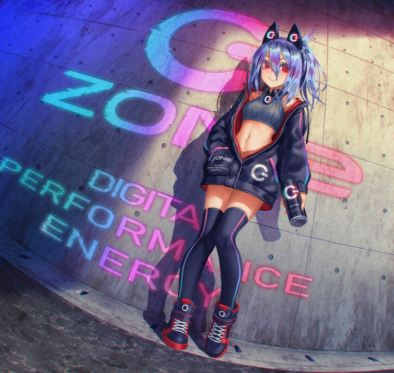 animal_ears, open_shirt, thighhighs, wasabichan, zone_(drink)