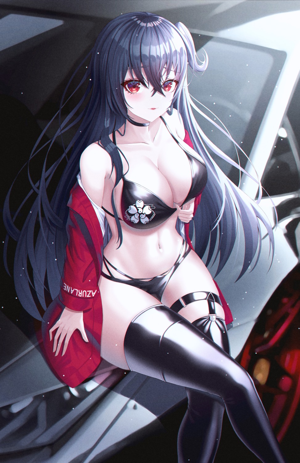 azur_lane, bikini, garter, open_shirt, ryon_y0421, stockings, swimsuits, taihou_(azur_lane), thighhighs