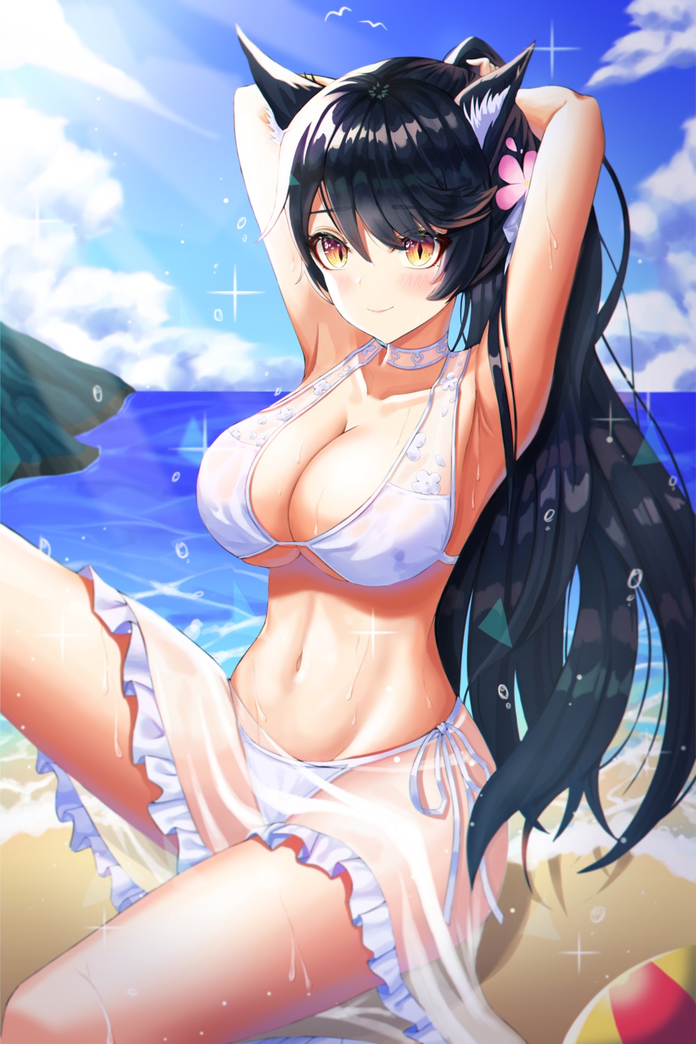 animal_ears, atago_(azur_lane), azur_lane, bikini, ryon_y0421, see_through, skirt_lift, swimsuits, wet