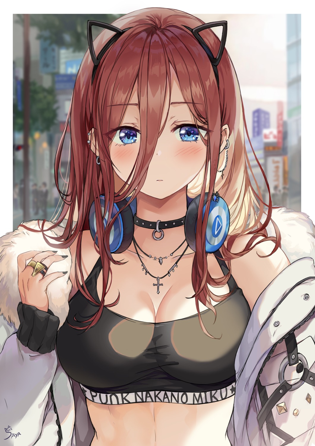 5-toubun_no_hanayome, animal_ears, bra, cleavage, headphones, nakano_miku, nekomimi, open_shirt