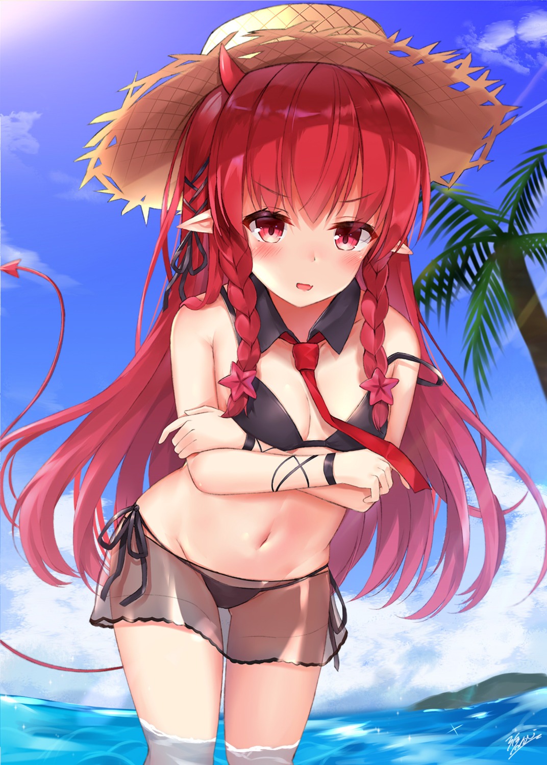 aokabi_(aokabic), arknights, bikini, breast_hold, cleavage, horns, pointy_ears, see_through, swimsuits, tail, vigna_(arknights), wet