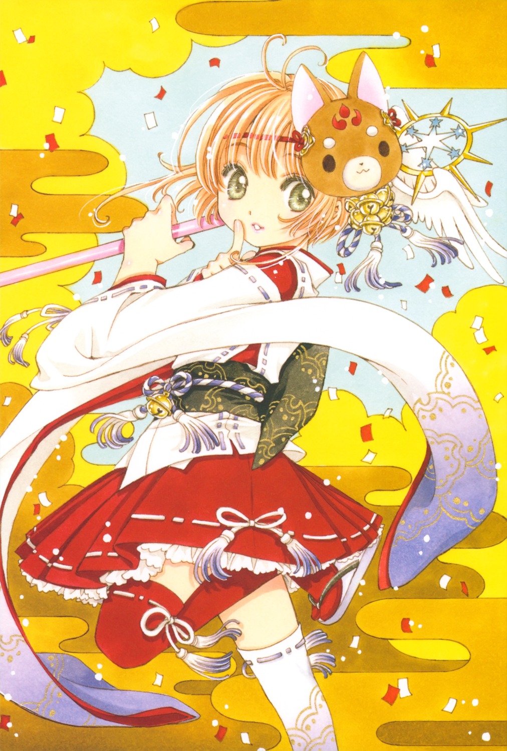 card_captor_sakura, clamp, kinomoto_sakura, miko, thighhighs, weapon