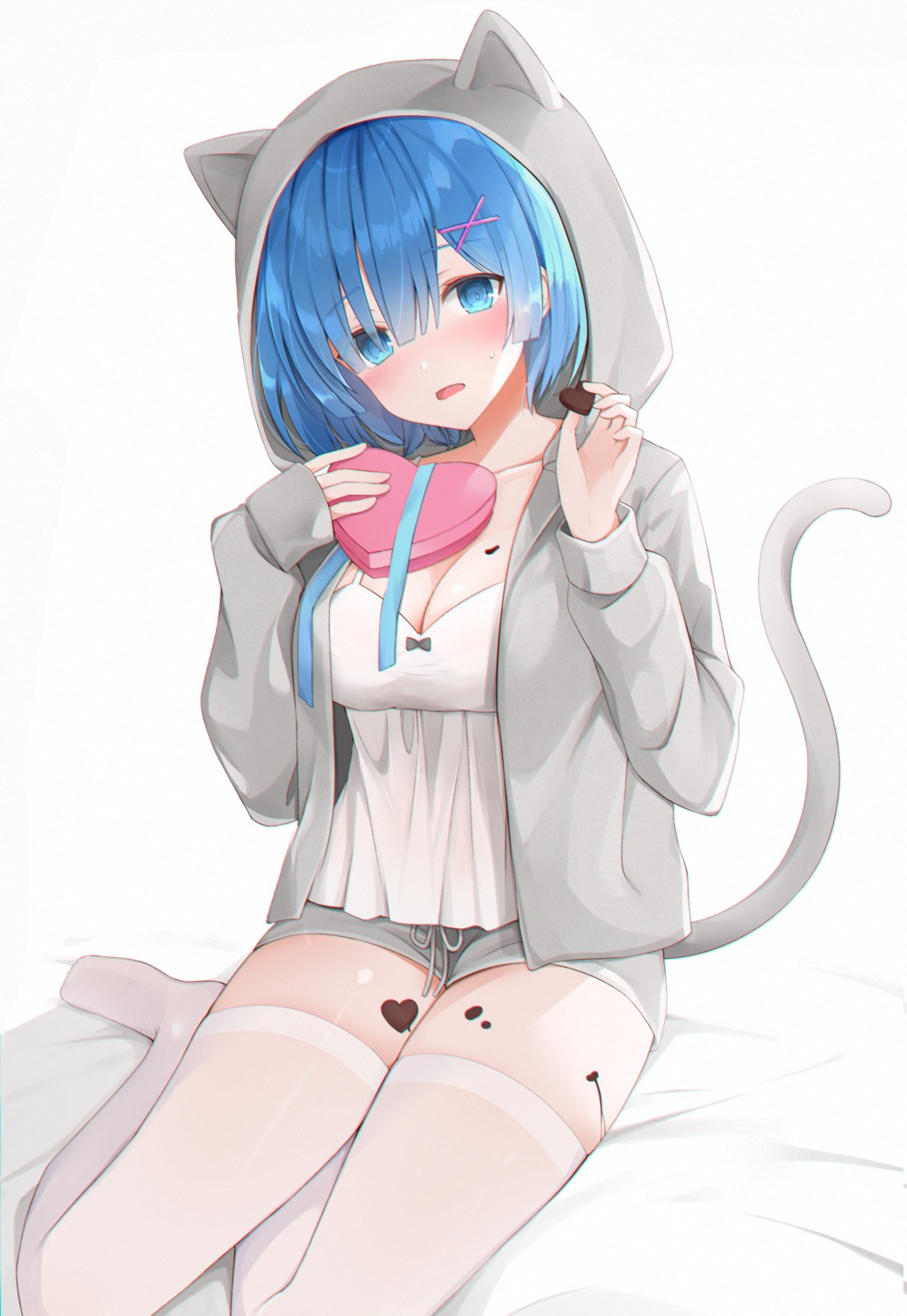 49_(yonkyuu), animal_ears, cleavage, cream, nekomimi, re:zero_kara_hajimeru_isekai_seikatsu, rem_(re_zero), tail, thighhighs, valentine